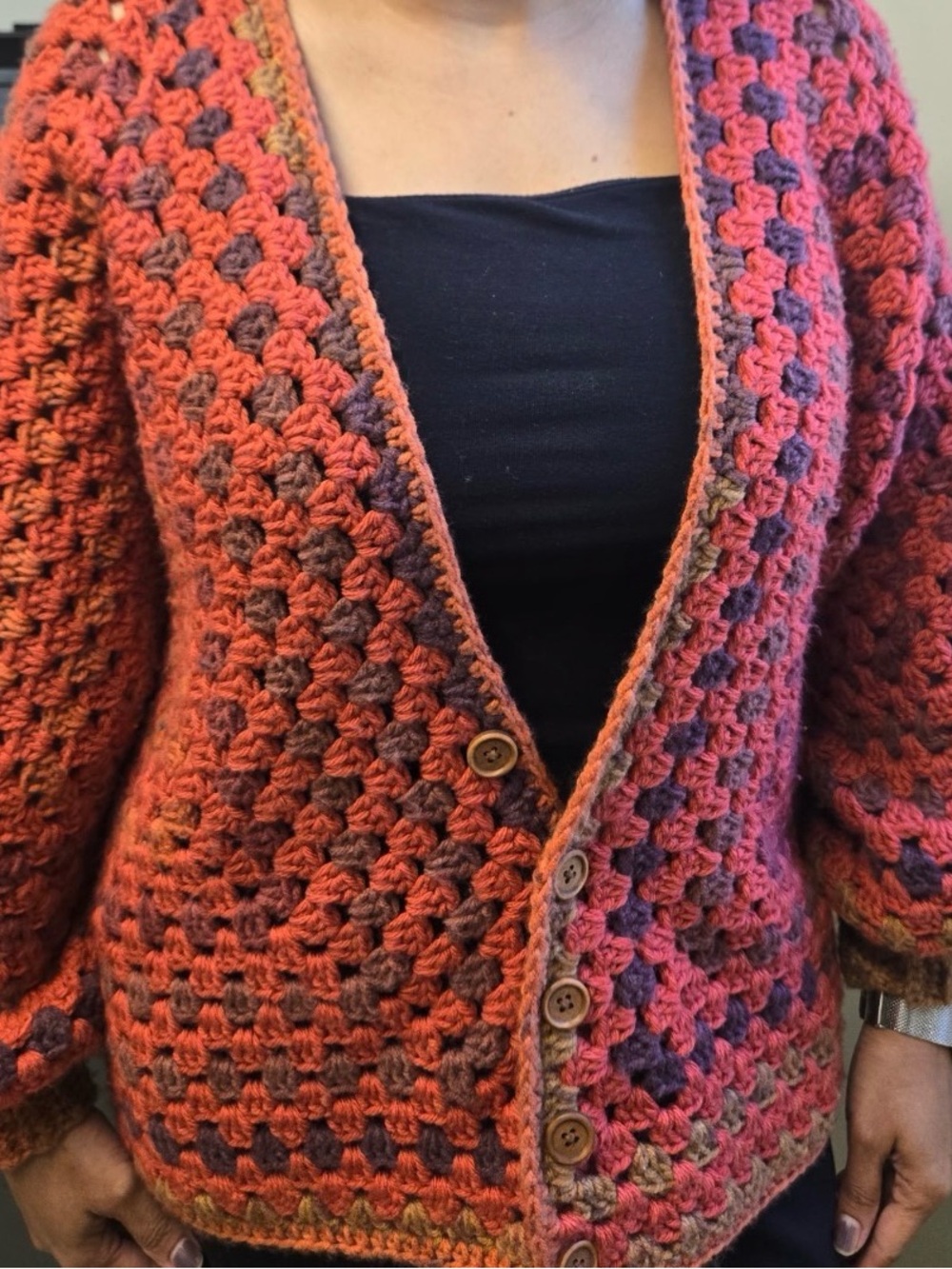 Hand-Crocheted Orange Multi-Color Women's Cardigan Sweater Hand made.